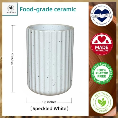 Stoneware Coffee Bar Utensil Holder Tea & Coffee Spoon & Stirrer Holder for Stir Stick Straw Teaspoon Holder Espresso Spoon Cup Small Utensil Jar Fluted Vertical Stripe (Speckled White)