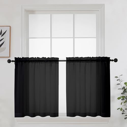 Short Sheer Curtains 24 Inches Long 2 Panels for Bathroom Window (Black / 42"W x 24"L (Pack of 2))