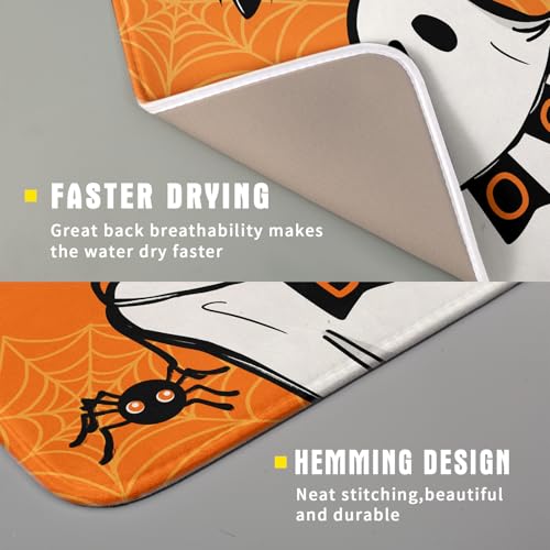 Orange Halloween Dish Drying Mat Spooky Boo Ghost Black Bats Dish Drainer Mats 16"x18" Spider Web Microfiber Reversible Dish Drying Rack Pad Protector for Kitchen Countertop Small Decor (18" x 16")