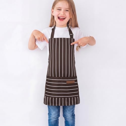 2 Pack Stripes Kid's Apron with 2 Pockets (55x65cm / Brown Wide Striped, Red Thin Stripes)