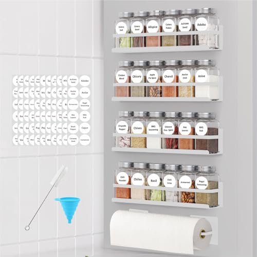 Magnetic Spice Rack with Jars Magnetic Spice Rack for Refrigerator 24 Spice Jars with Label Magnetic Shelves for Fridge 4 Pack White (4 Pack 24 Jars / White)