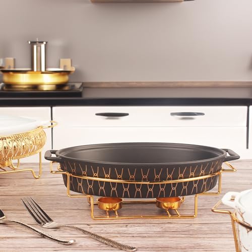 10" x 7" Ceramic Oval Casserole Dish with Glass Lid and Gold rack (Black with rack / 10" x 7")