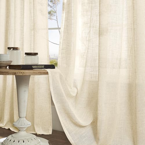 102 inches Long Sheer Linen Curtains for Living Room 2 Panels (52"W x 102"L (Pack of 2) / Beige)