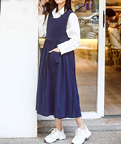 Women Plus Size Cotton Linen Vintage Pleated Split Apron Pinafore Dress with Two Pockets (Navy / 43.4"L)