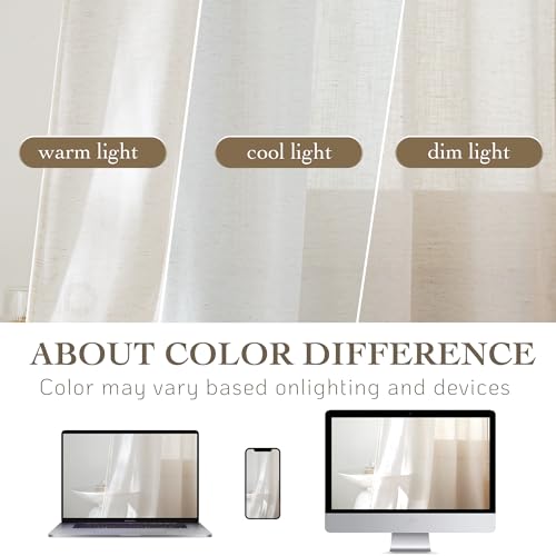 Linen Semi Sheer Curtains for Bedroom Living Room 95 inches Long (Ivory / 52"W x 95"L (Pack of 2))