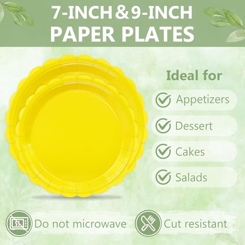 100 Cute Yellow Paper Plates and Napkins Disposable for Party (Yellow 100 Plate Set / 7 & 9-inch Set)