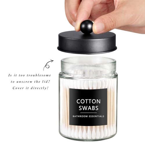 2 Pack Glass Qtip Holder with Black & Gold Stainless Steel Lids (2 pack / Black&Gold)