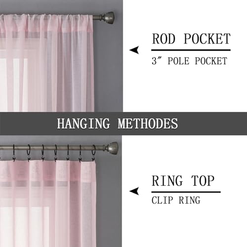 Short Sheer Curtain Living Room Linen Textured Curtains Sheer Light Filtering Voile Rod Pocket Curtain for Bedroom (38"W x 54"L (Pack of 2) / Pink)