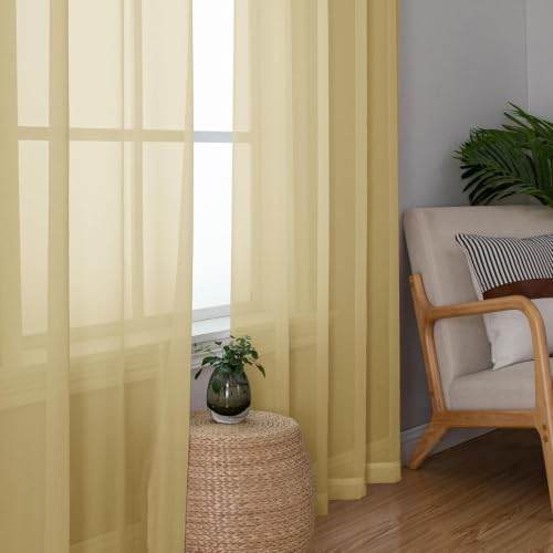 Gold Sheer Curtains 63 inch Length 2 Panels Set for Bedroom (59"W x 63"L (Pack of 2) / Gold)