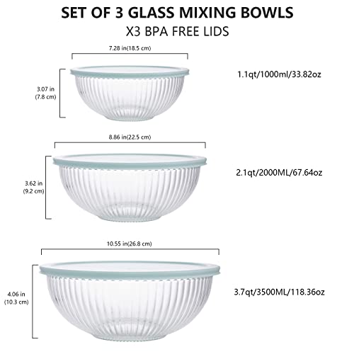 Glass Mixing Bowls with Lids Set (3 Pack Sky Blue)