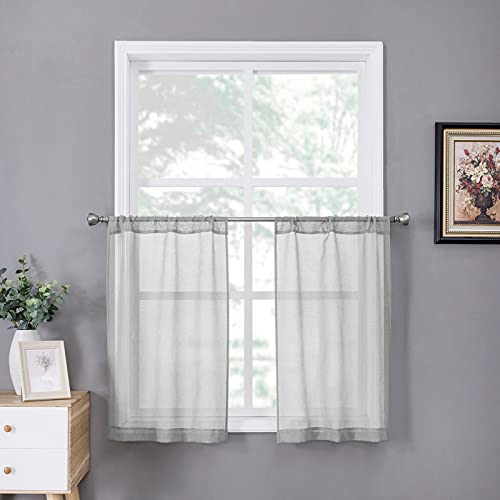 Sheer Tier Curtain Linen Textured Half Kitchen Curtains Sheer Light Filtering Rod Pocket Voile Small Curtains for Bathroom (25"W x 36"L (Pack of 2) / Silver Grey)
