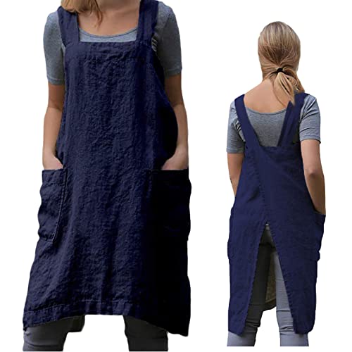 Pinafore Cross Back Apron for Women with Pockets (3X-Large / Blue)
