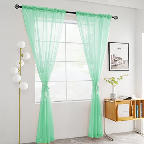 Solid Sheer Rod Pocket Curtain Voile Draperies 2 Panels White Beige Black Grey Coffee 52 Inch Width 90 Inch Long 1 Pair for Kitchen Bedroom Children Living Room Yard (Light Green / 52"W x 90"L (Pack of 2))