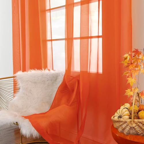 Solid Sheer Rod Pocket Curtain Voile Draperies 2 Panels White Beige Black Grey Coffee 52 Inch Width 96 Inch Long 1 Pair for Kitchen Bedroom Children Living Room Yard (Burnt Orange / 52"W x 96"L (Pack of 2))