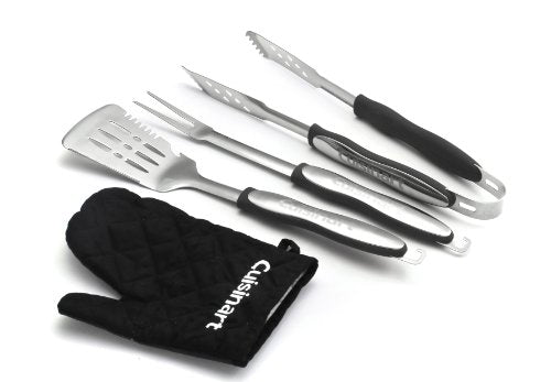 3‑Piece Stainless Steel BBQ Grilling Tool Set with Grill Glove (Black)