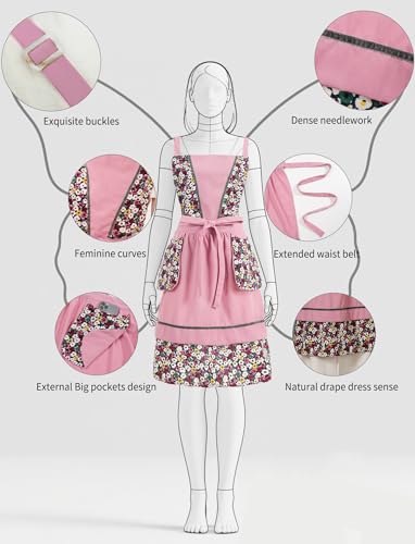Kitchen Aprons for Women with Pockets Cute Floral Chef Pinafore Apron for Gardening Cooking Baking Painting (Pink)