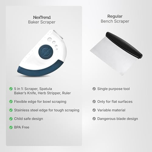blue 5-in-1 flexible dough and bowl scraper with stainless-steel edge and integrated ruler (Blue)