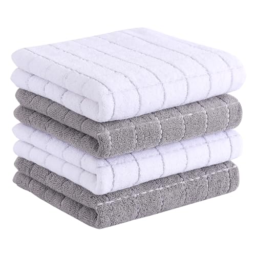 100% Cotton Terry Kitchen Towels (White and Light Grey / 13 X 28 - 4 Pack)