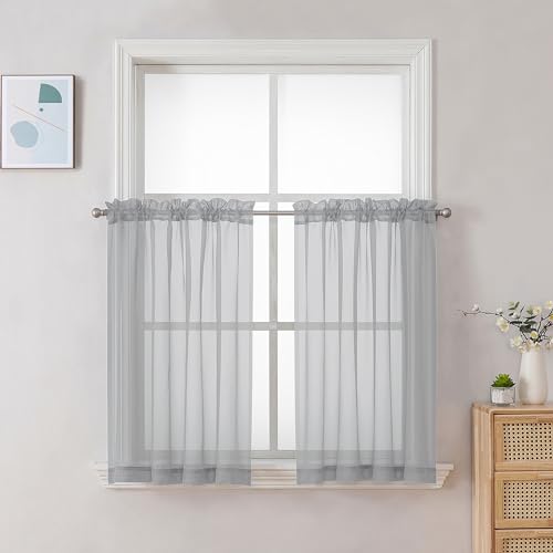 Light Grey Sheer Curtains 30 inch Length 2 Panels (Light Grey / 42"W x 30"L (Pack of 2))