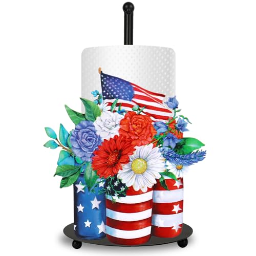 Patriotic Vase Paper Towel Holder Stand 4th of July American Flag Star Flower Metal Kitchen Decor Accessories for 250th Anniversary Independence Memorial Day Home Bathroom Countertop (Patriotic)