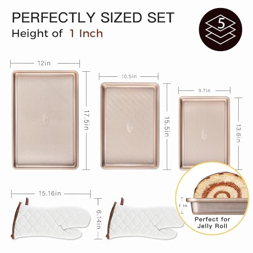 3 Pack Gold Nonstick Baking Sheet Pan Set with Oven Mitts Heat Resistant (Champagne Gold (Carbon Steel) + Mitts)