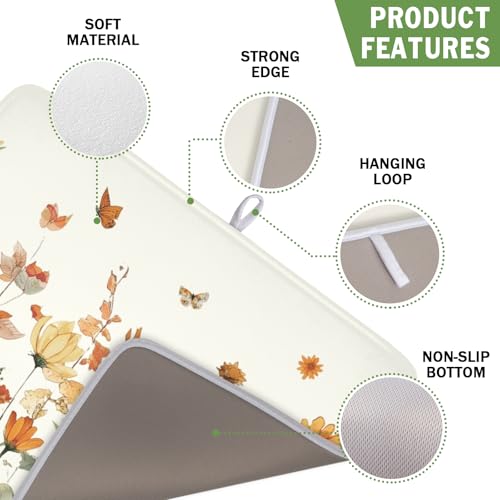 Fall Floral Dish Drying Mat for Kitchen Counter Orange Rustic Vintage Wildflower Pattern Microfiber Dish Drainer Mat Autumn Absorbent Washable Drying Pad Extra Large 16"x18" (Fall Floral / 18" x 16")