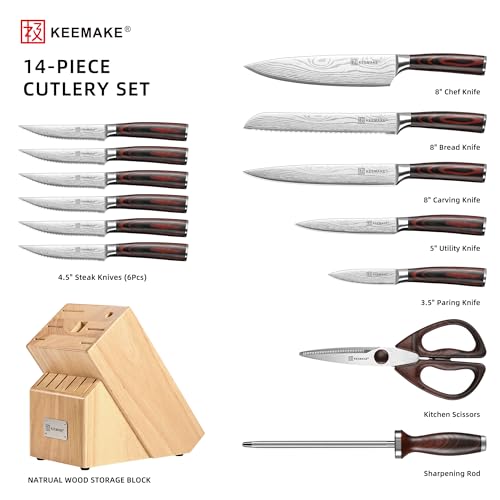 14 Pcs Kitchen Knife Set with Block (Red)