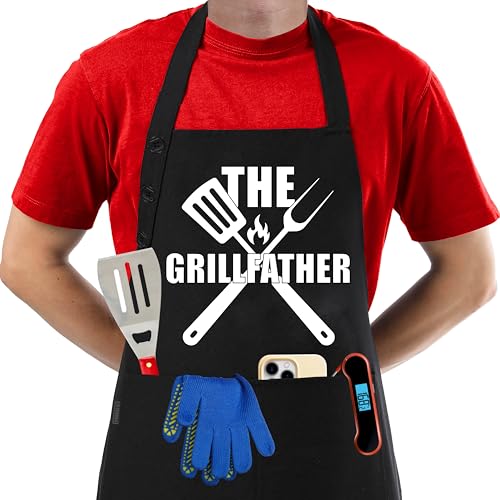 Kitchen Apron Cotton Waterdrop Resistant Adjustable Button Women Men (Black - the Grillfather)