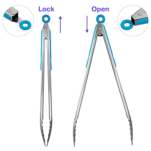 304 Stainless Steel Kitchen Cooking Tongs (14" & 16" / Blue)