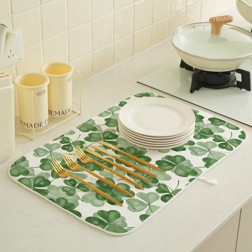 St Patricks Day Dish Drying Mat 18 x 24 inch Dark Green Clover Print Decorative Drying Mats Microfiber Absorbent Shamrock Dish Washable Draining Mat for Kitchen Counter Decor (24" x 18" / Dark Green Clover)