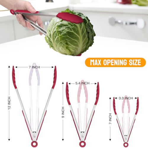 Stainless Steel Kitchen Tongs with Silicone Tips (Red)