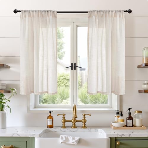 Oatmeal Linen Curtains 40 Inch Length for Kitchen Cafe Window (Oatmeal / 30"W x 40"L (Pack of 2))