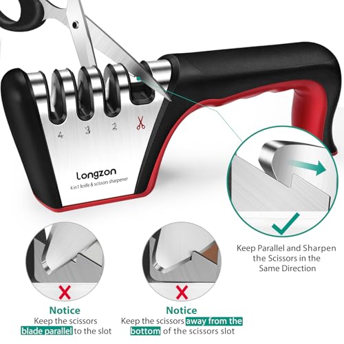 5-in-1 Knife Sharpener 4 Stage with Cut-Resistant Glove, Black+Red (Black+Red)