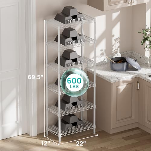 6 Metal Shelves Wire Shelving Storage Shelf Adjustable Unit Pantry (White / 6 Tier 12"Dx22"Wx69.5"H)