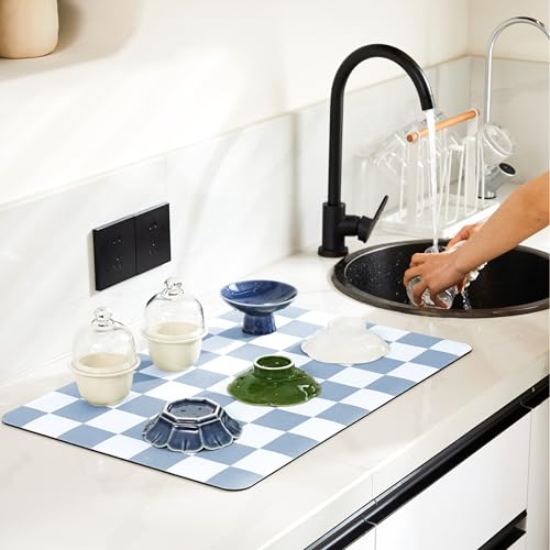Checkered Dish Drying Mat for Kitchen Counter (Blue / 24" x 16")