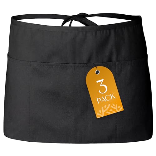 3 Pack Black Server Waist Aprons with 3 Pockets (Black Waist Apron - 3 Pack)
