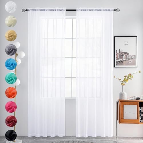 Sheer Rod Pocket Curtain Voile Draperies 2 Panels White Beige Black Grey Coffee 52 Inch Width 72 Inch Long 1 Pair for Kitchen Bedroom Children Living Room Yard (Optical White / 52"W x 72"L (Pack of 2))
