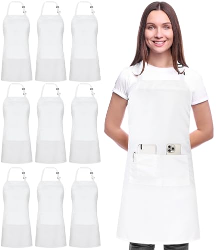 Bib Aprons 10 Pack Adjustable With 2 Pockets (10 Pack / White)