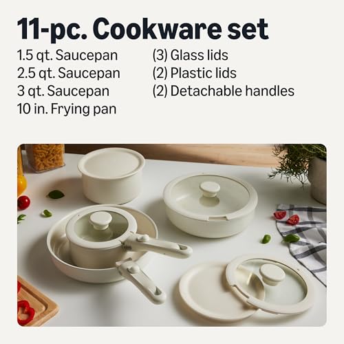 Ceramic Nonstick Cookware Set with Detachable Handles (Linen Gray)