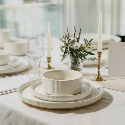 Stoneware Dinnerware Sets for 4 (Cream White / 4-Set(12pcs))