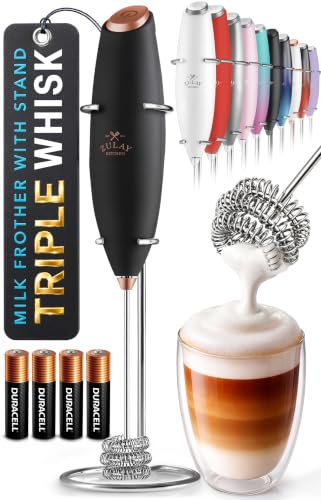 Powerful Milk Frother Wand With Duracell Batteries (Black Copper / Triple Whisk + Batteries)
