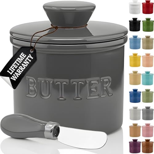Butter Crock with Lid for Countertop with Spreader Knife and Water Line (Gray / Regular)