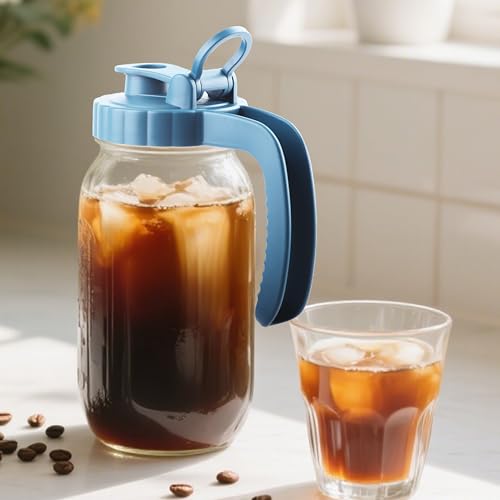 Mason Jar Pitcher With Stainless Steel Filter 64 OZ Wide Mouth Cold Brew Coffee Maker 2 Quart Glass water pitcher with lid Half Gallon Cold hot Tea maker For Lemonade Milk Juice Refrigerator (64 OZ)