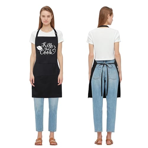Funny Apron for Men Women 100% Cotton Kiss The Cook Adjustable Bib Aprons with 2 Pockets Funny Gifts Grilling Grill Kitchen Cooking BBQ Black (Kiss the Cook)