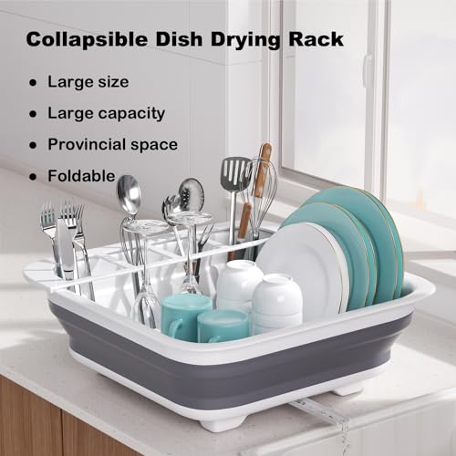 Collapsible Dish Drying Rack for RV Campers Portable Dinnerware Drainer Organizer for Kitchen Travel Trailer (Gray- Gray)