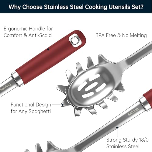 Stainless Steel Soup Ladle and Spaghetti Spoon Set (Red)