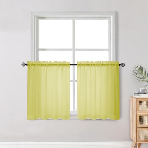 Short Lemon Sheer Curtains 30 Inch Length 2 Panels Set (Lemon Yellow / 42"W x 30"L (Pack of 2))