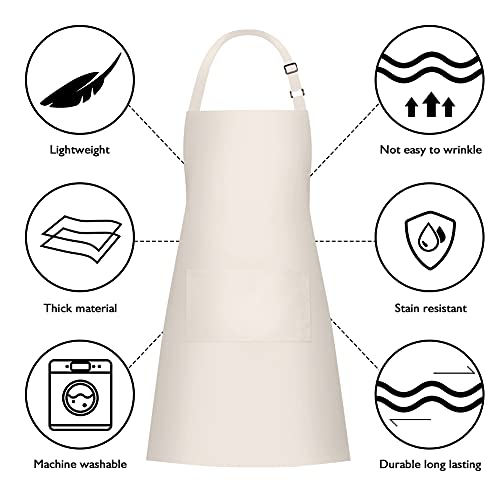2 Pack 100% Cotton Aprons with 2 Pockets Cooking Chef Kitchen Adjustable Bib Apron for Women Men (Beige)