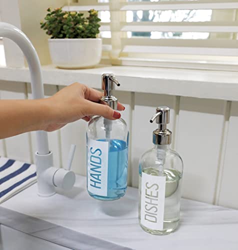 2Pack 18OZ Glass Soap Dispenser with Hands & Dishes Printed Label (White With White Pump)