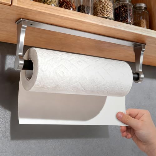 Paper Towel Holder Wall Mount Adhesive Paper Towel Holder Under Cabinet Toilet Roll Hanging Holders Rack for Kitchen Bathroom Garage Counter (Silver)